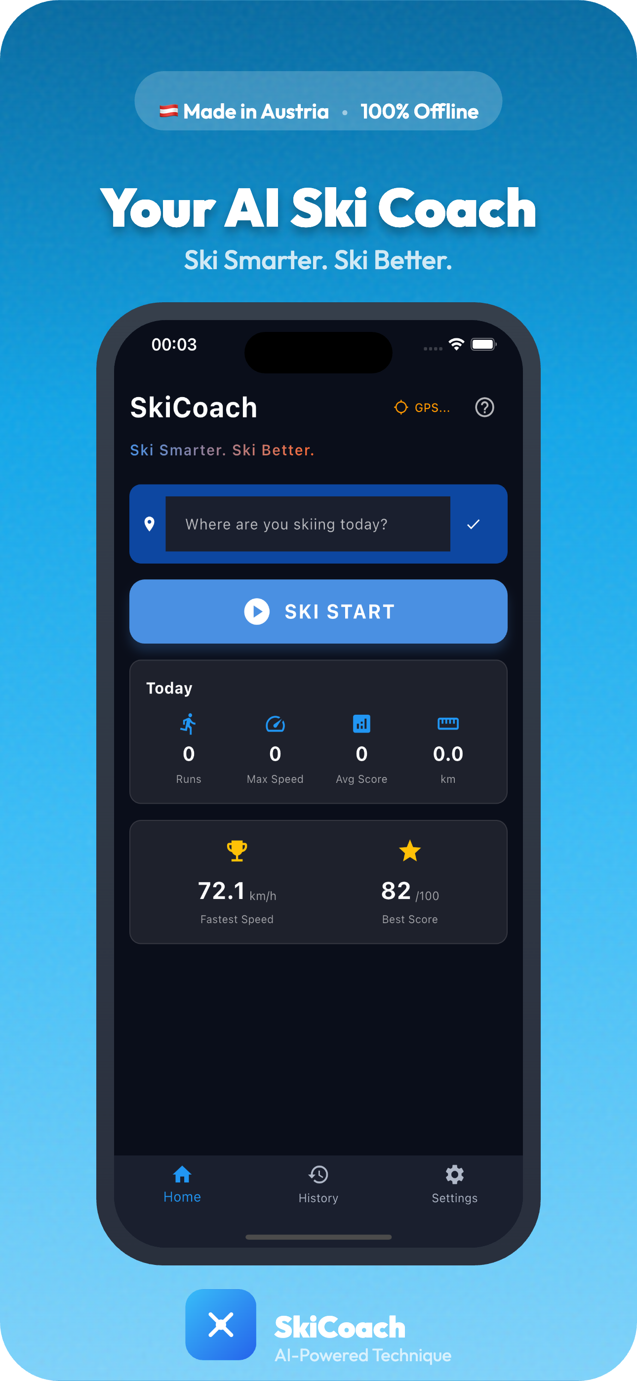 SkiCoach App Home Screen showing technique score and skiing stats